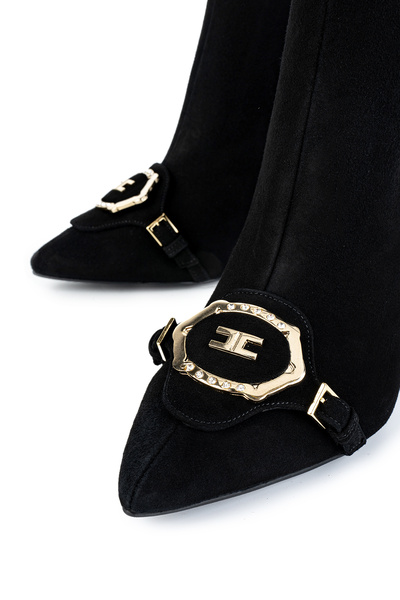 Cengiz Gümüş Siyah Süet  Altın Metal Toka Kadın Bot