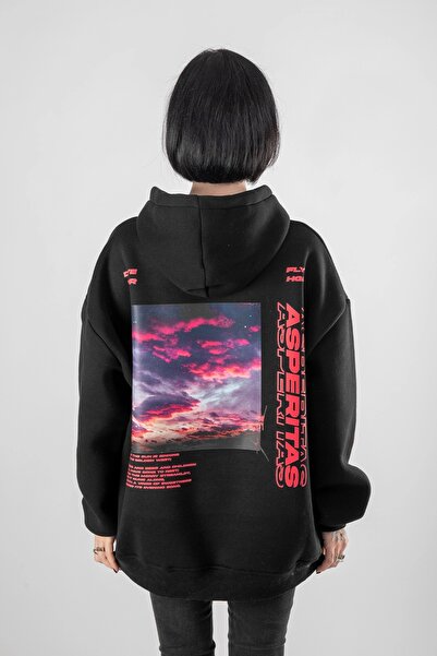 Bak Moda Asperitas Back Štampano Oversize kroj Unisex crna majica sa kapuljačom