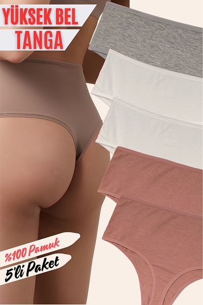 red iç giyim Cotton Women's High Waist Thong 5 Pack