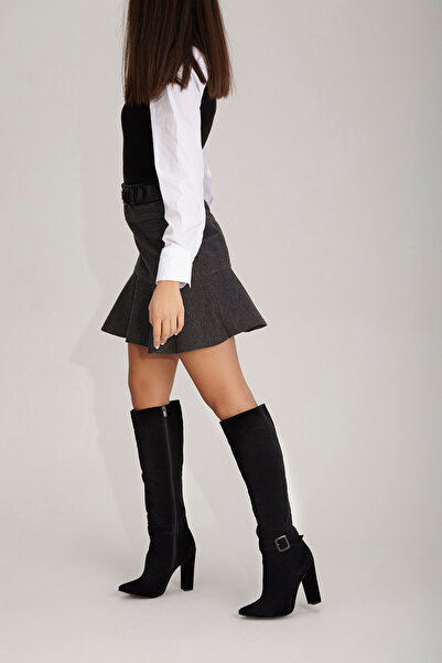 AYAKKABI PRENSİ Dream Toka Detaylı Siyah Suet 10 Cm Kadın Çizme, Topuklu Çizme