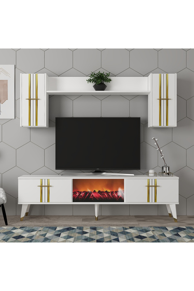 DEMONTE DECOR ASSEL ŞÖMİNELİ TV ÜNİTESİ TAKIMI BEYAZ-ALTIN