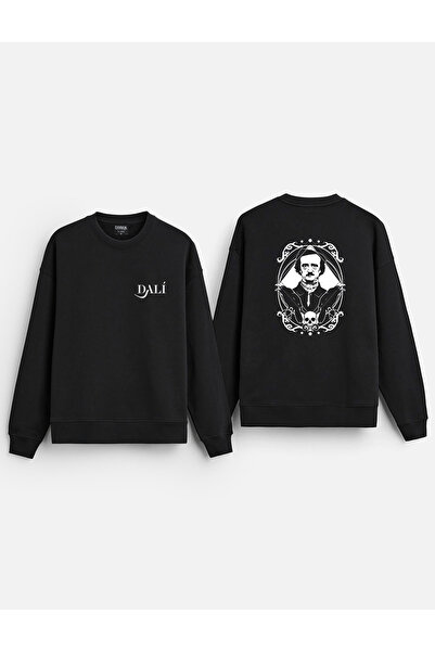 MODA سويت شيرت أسود كبير الحجم من القطن بدون قلنسوة مطبوع عليه سلفادور دالي