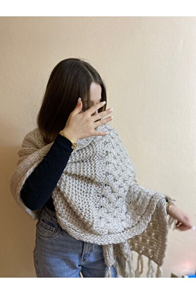 sema aksesuar Kadın Örgü Triko Desenli Kışlık Şal Geniş Püsküllü Atkı - Yumuş...