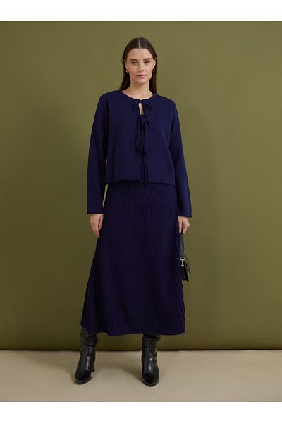 Benin Navy Blue Benin Knitwear Cardigan and Skirt Set - Lacing Detail