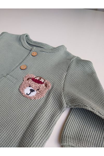 lilnest Teddy Bear Embroidered Green Snap Buttoned Baby Waffle Jumpsuit