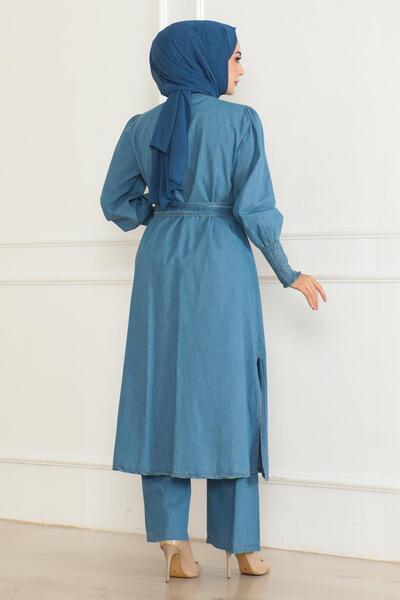 Modamihram Світло-блакитний джинсовий костюм з розрізами 19227