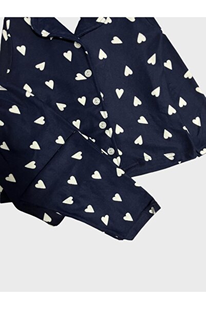 ALİŞ KİDS Дівчачий бавовняний вельветовий піжамний комплект з довгими рукавами, коміром на ґудзиках і синім серцевим візерунком