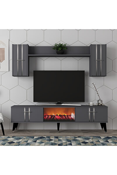 DEMONTE DECOR ASSEL ŞÖMİNELİ TV ÜNİTESİ TAKIMI ANTRASİT-GÜMÜŞ