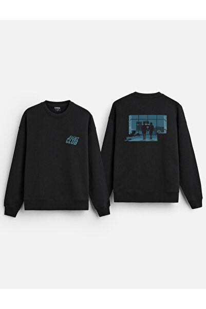 MODA سويت شيرت أسود مطبوع برقبة دائرية من القطن بدون غطاء للرأس من Fight Club...