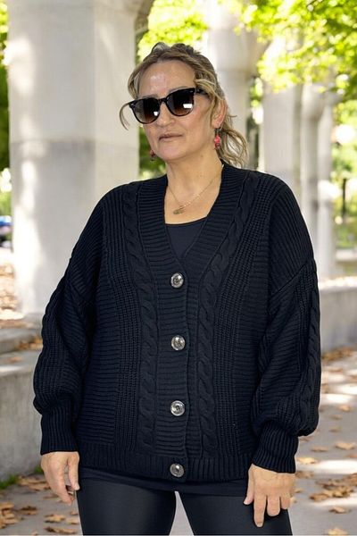 yagmurberen Hair Knitting Patterned Haroşa Knitting Button V-Neck Large Size Knitting Cardigan