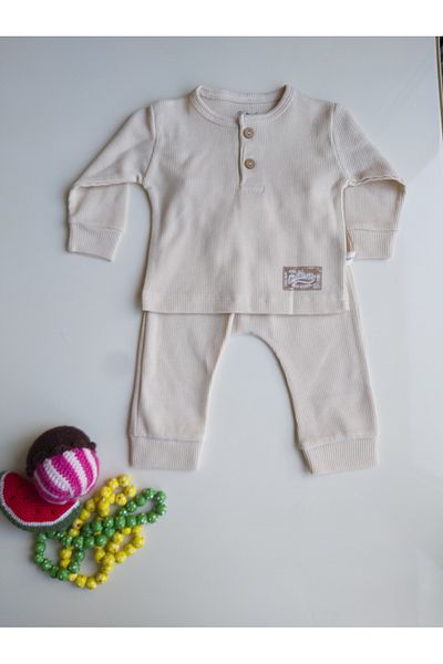 lilnest Seasonal Buttoned Beige Baby Tracksuit Set