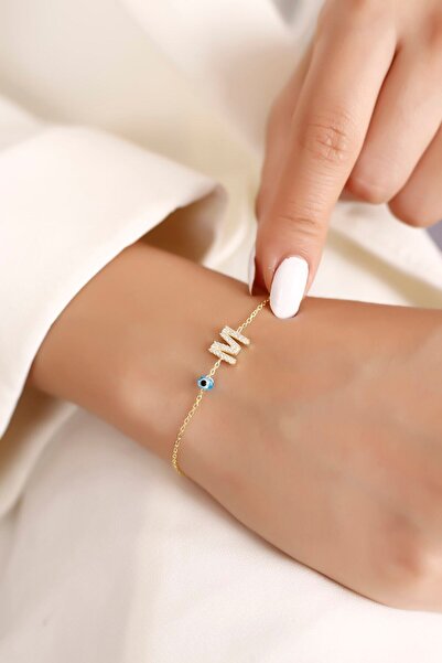 SARIASLAN 925 Ayar Gümüş M Harfli Kadın Gümüş Bileklik Gold Renk