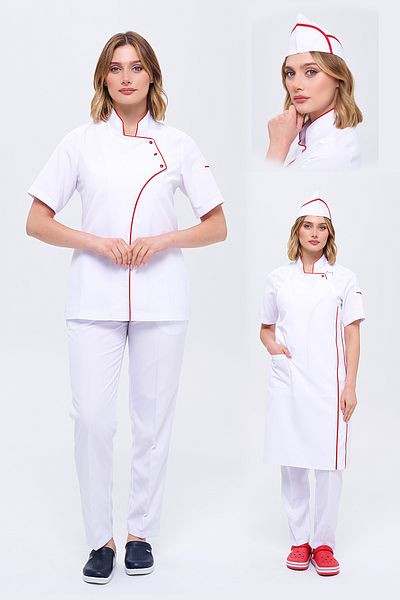 TIPTEKS Women's Comfort White Chef Jacket and Cap - Red Piping / White Suspender Apron White Pants Set