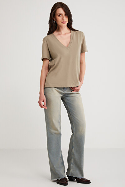 ETHIQUET Aline Women's Beige V-Neck T-Shirt - 100% Organic Cotton, Regular Fit