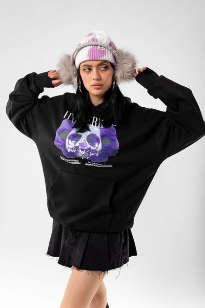 Bak Moda هودي أسود للجنسين مطبوع بشكل هستيري