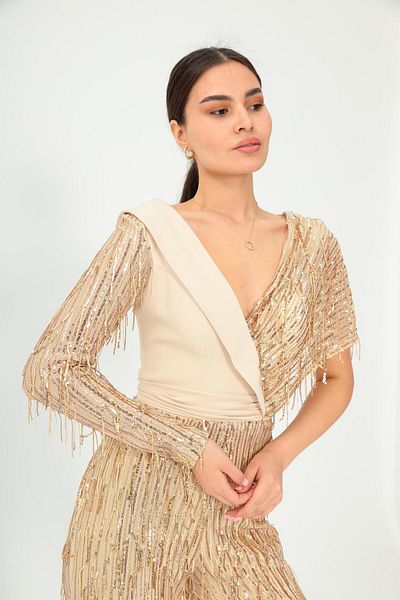 Aperla V-Neck Tassel Sequin Detailed Asymmetrical One Sleeve Evening Dress Jumpsuit