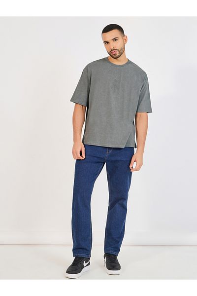 Styli Acid Washed Oversized T-Shirt with Rose Embroidery Detail