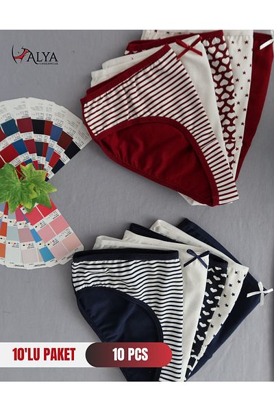 ALYA UNDERWEAR Chiloți pentru ospătar din bumbac pentru fete - colorați, pachet de 10, visiniu și bleumarin - X29