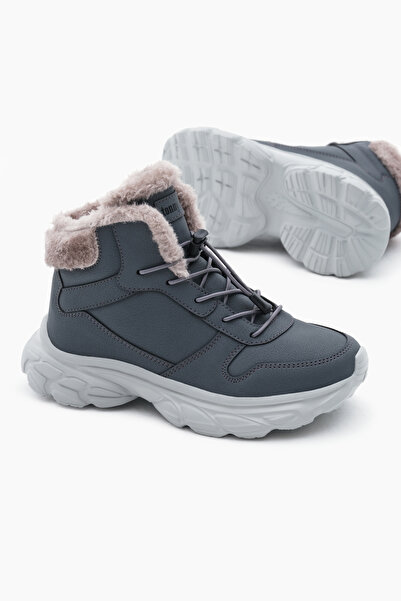 Tonny Black Çocuk Unisex Füme Faylon Taban İçi Kürklü Lastik Bağcıklı Bot