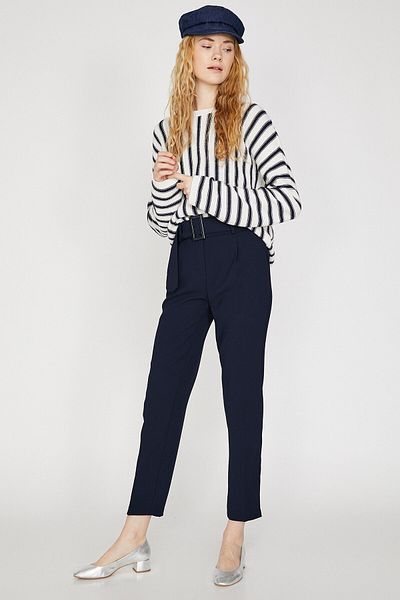 Saade Navy Blue Single Pleated Buckle Belt Regular Waist Fit Mold Woven Pants