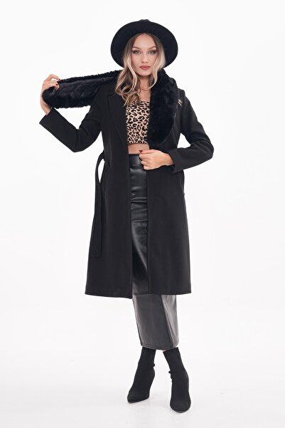 ŞİMAL Kadın Yakası Tüy Detaylı Kaşe Kaban 245346 -