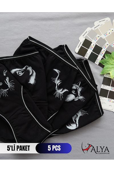ALYA UNDERWEAR Chiloți pentru fete din bumbac imprimat cu pisici - Pachet de 5