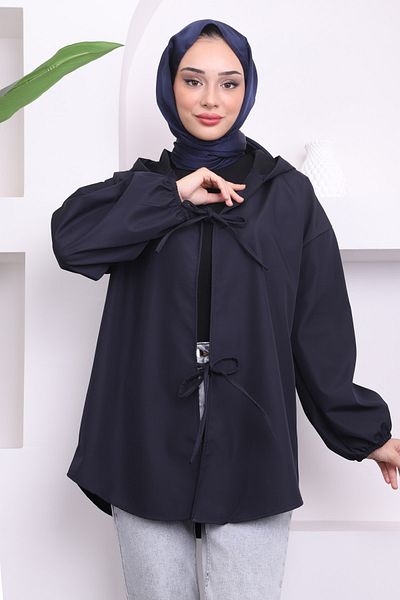 İmajButik Μπλε μπλέ μπροστινή γραβάτα με κουκούλα κοντή καμπαρντίνα