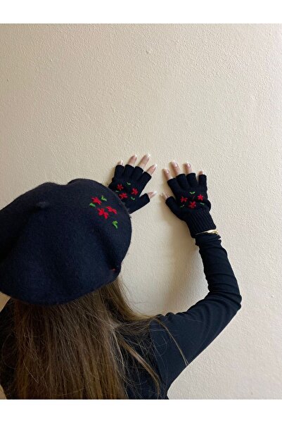 sema aksesuar Handmade Red Floral Embroidered Black French Painter Beret and Fingered Gloves Set - Gift