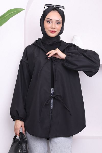 İmajButik Μαύρη κοντή καμπαρντίνα με κουκούλα μπροστά