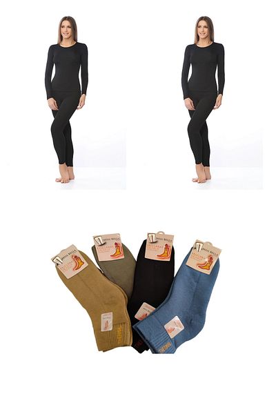 Tutku 2-Piece Women's Black Thermal Bottom Top Underwear Suit Thermal Suit with 4 Pairs of Colorful Thermal Socks Gift
