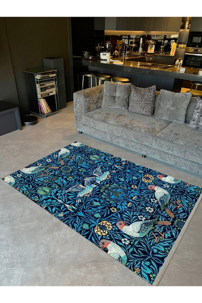 Rugs Modern Halı Özge Collection Blue Green Nature Themed Birds Detailed Wove...
