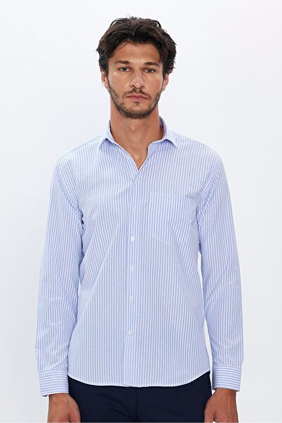 Tudors Erkek Regular Fit Klasik Kesim Tek Cepli Çizgili İtalyan Yaka Gömlek
