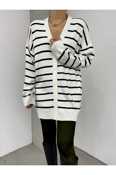 Modamorfo Striped Buttoned V-Neck Sweater Cardigan -Ecru