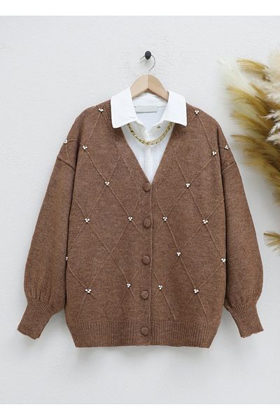 Modamorfo Yumoş Knitwear Cardigan - perleťový detail a knoflík, hnědá barva