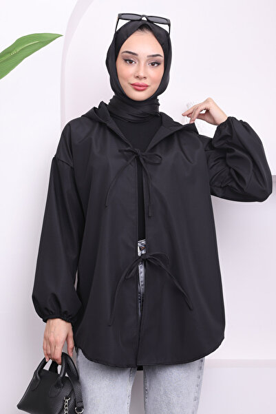 İmajButik Μαύρη κοντή καμπαρντίνα με κουκούλα μπροστά