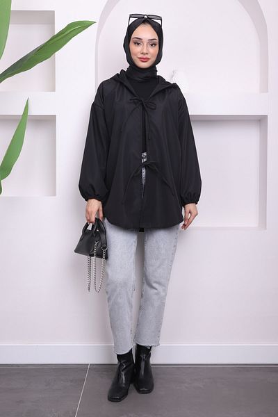 İmajButik Μαύρη κοντή καμπαρντίνα με κουκούλα μπροστά