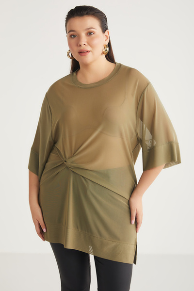 ETHIQUET Yukınbb Women's Drape Detailed Mesh Fabric Round Neck Khaki Large Size Tunic