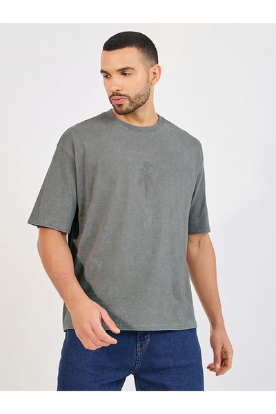 Styli Acid Washed Oversized T-Shirt with Rose Embroidery Detail