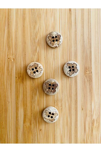 Kartopu Natural Wood Button with Burning Drawing Pattern 15 Mm. Pack of 5. Butterfly.