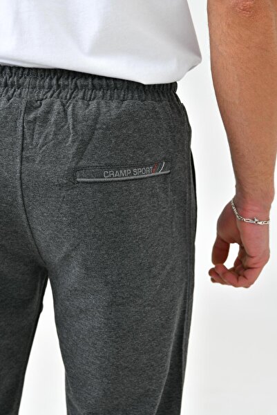 Cramp Spor Erkek Cep Nakışlı Fermuarlı Füme düz paça Eşofman Alt