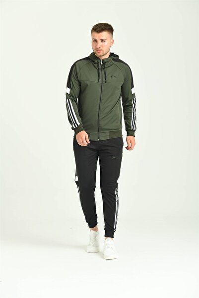 Cramp Spor Kolda Şerit Kapşunlu Dalgıç Haki Erkek Eşofman Takımı