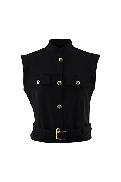 GİZİA Gold Düğmeli Etekucu Kemerli Siyah Yelek