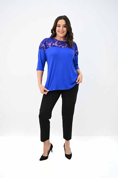 Koza Butik Women's Plus Size Velvet Tulle Detail Blouse 1856-2