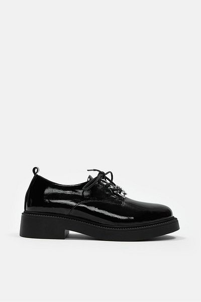 NILUFARR Sassa Black Patent Leather Genuine Leather Lace-Up Women's Loafer