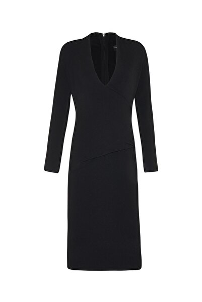 Beauty Omelette Siyah Drape Detaylı Midi Triko Elbise