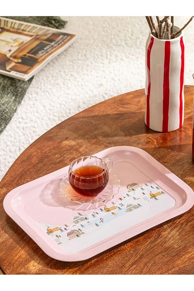 LC Waikiki Lcw Home Pink Printed Metal Tray 37X18 cm