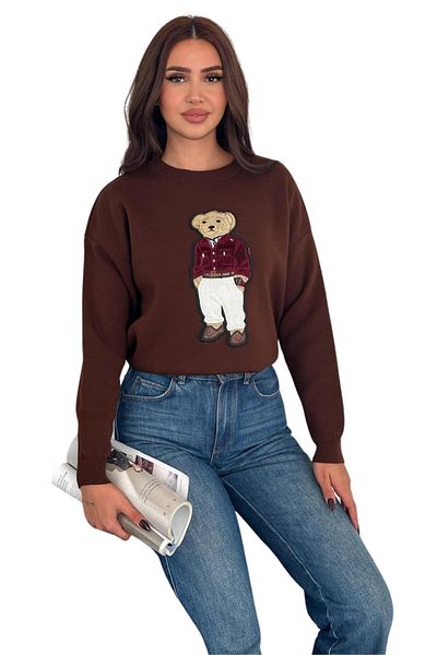 Moda Amore Стилен дамски пуловер от плетени изделия Bear Design - модерен стандартен размер 004