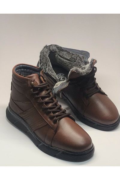 Çobanoğlu Genuine Leather Cold-Proof Furry Winter Tan Men's Boots Rubber Orthopedic Sole