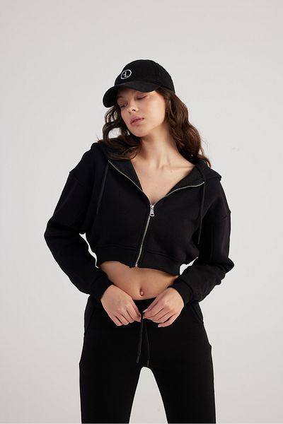 HOLLY LOLLY Black Crop Mixed Sweatshirt - Long Sleeve with Hood and Zip