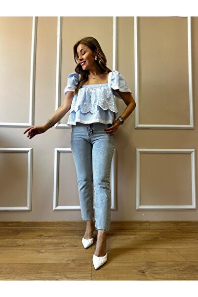 Size Özgü Bluză cu detaliu Fisto cu dungi albastre